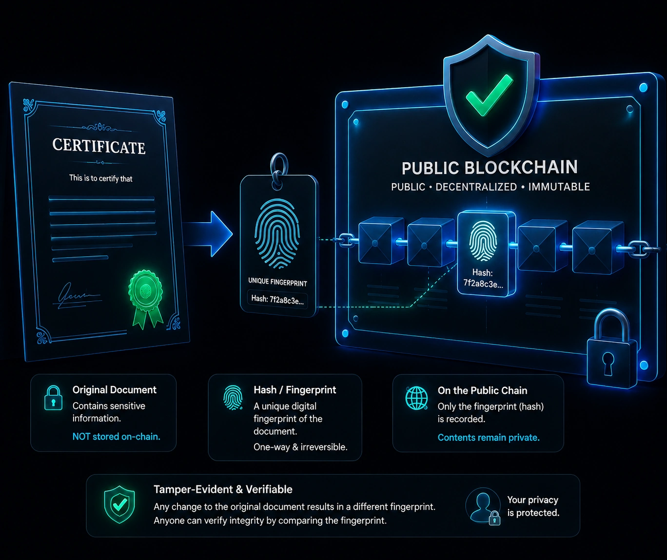 A certificate turns into an anonymous fingerprint, which is pinned onto a chain of blocks protected by a shield — showing only the fingerprint, not the contents, is on-chain.