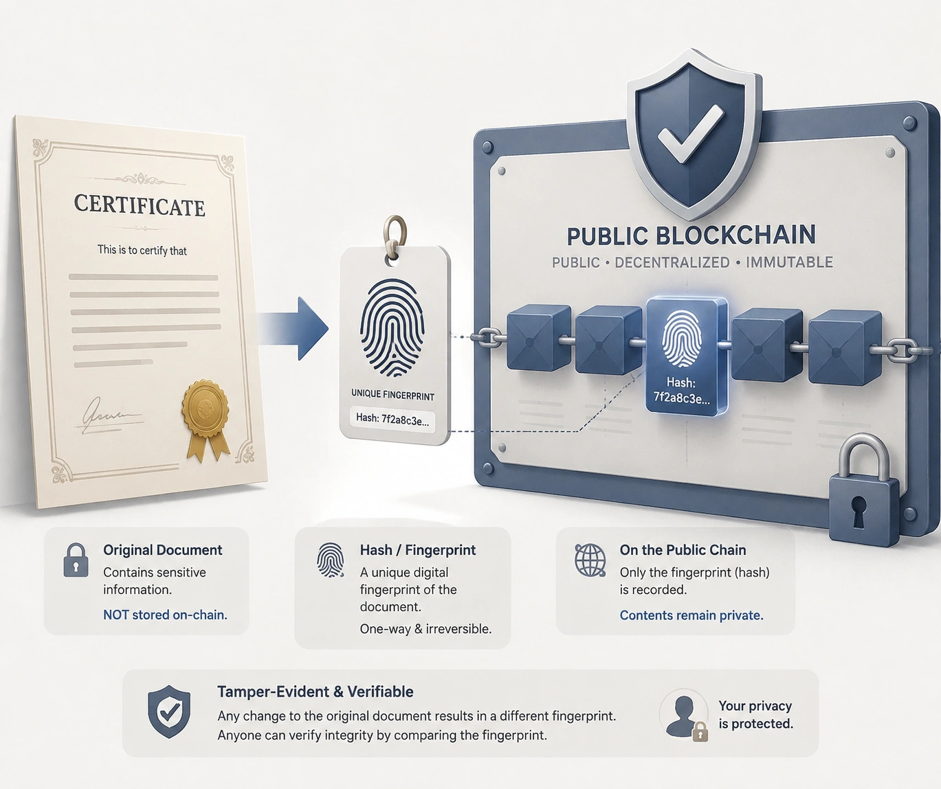A certificate turns into an anonymous fingerprint, which is pinned onto a chain of blocks protected by a shield — showing only the fingerprint, not the contents, is on-chain.
