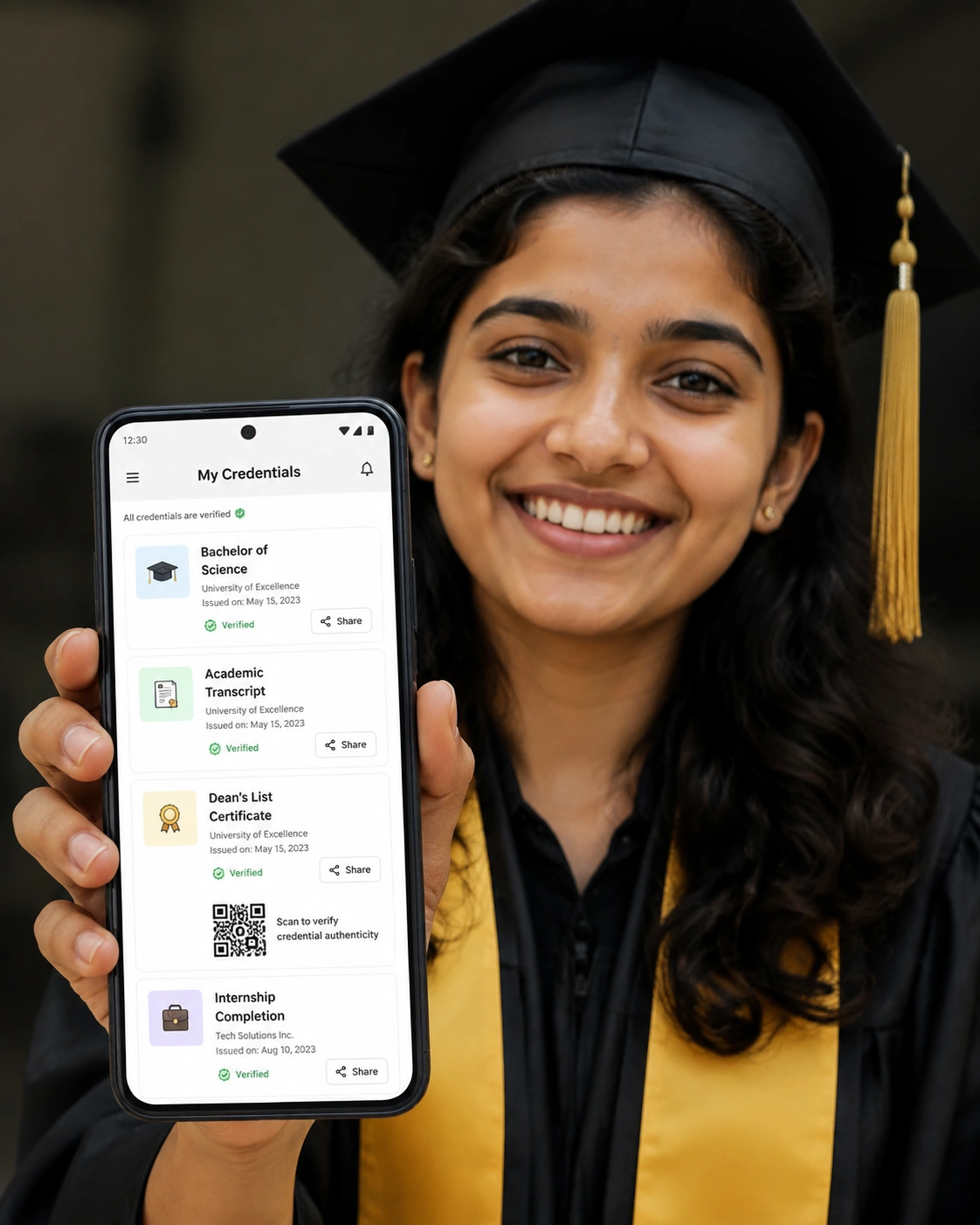 A graduate holding an Android phone showing a digital wallet of verified credentials with share buttons and a QR code.