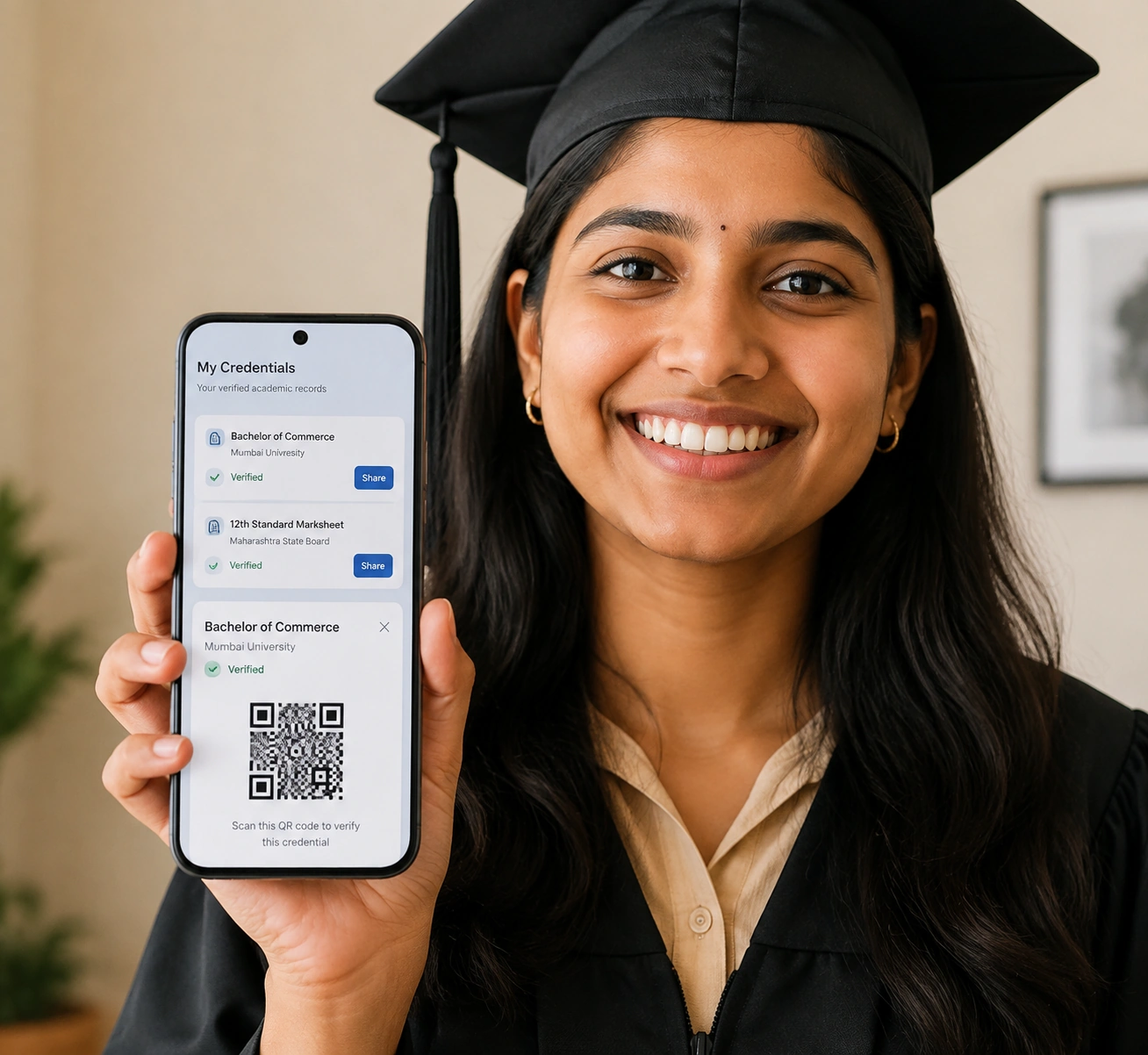 A graduate holding an Android phone showing a digital wallet of verified credentials with share buttons and a QR code.