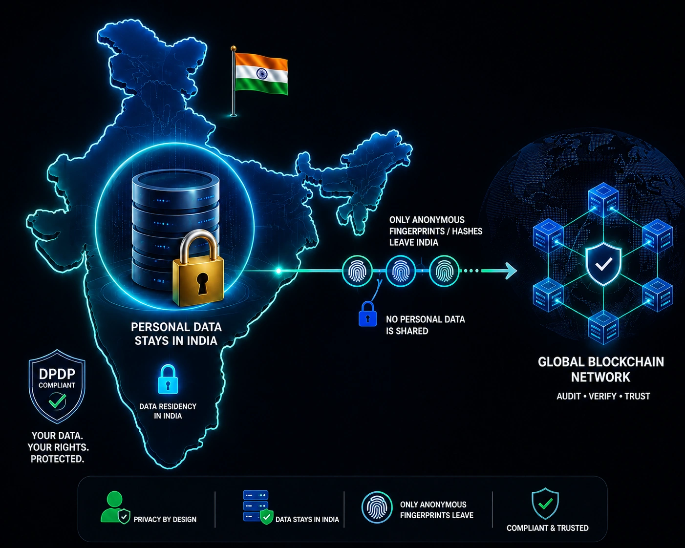 A map of India with a locked, secure database inside; only small anonymous fingerprint tokens travel out to a global blockchain, showing personal data stays in India.