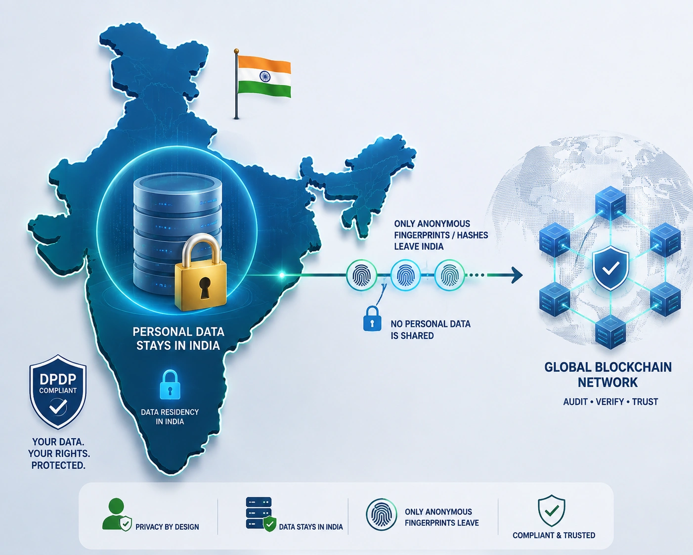 A map of India with a locked, secure database inside; only small anonymous fingerprint tokens travel out to a global blockchain, showing personal data stays in India.